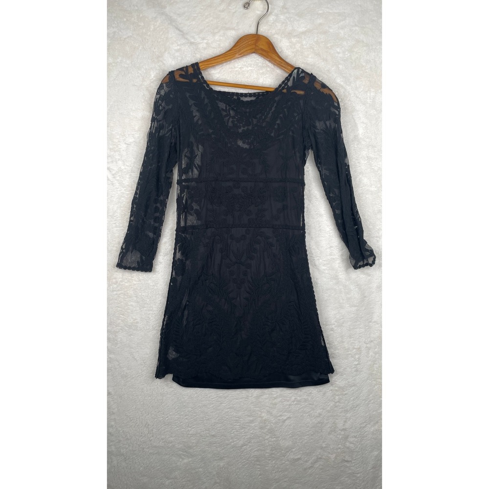 Express Black Lace Floral Embroidered Long Sleeve Mini Dress Small Whimsigoth